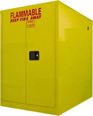 Securall Cabinets - 34" Wide x 50" Deep x 52" High, 18 Gauge Steel Horizontal Drum Cabinet with 3 Point Key Lock - Yellow, Self-Closing Door, 1 Drum - Eagle Tool & Supply