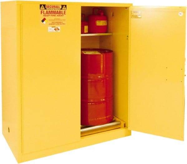 Securall Cabinets - 56" Wide x 31" Deep x 65" High, 18 Gauge Steel Vertical Drum Cabinet with 3 Point Key Lock - Yellow, Manual Closing Door, 3 Shelves, 1 Drum, Drum Rollers Included - Eagle Tool & Supply