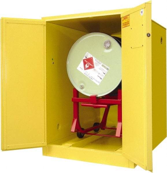 Securall Cabinets - 34" Wide x 50" Deep x 50" High, 18 Gauge Steel Horizontal Drum Cabinet with 3 Point Key Lock - Yellow, Manual Closing Door, 1 Drum - Eagle Tool & Supply