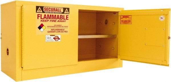 Securall Cabinets - 2 Door, 1 Shelf, Yellow Steel Stackable Safety Cabinet for Flammable and Combustible Liquids - 26" High x 43" Wide x 18" Deep, Self Closing Door, 3 Point Key Lock, 18 Gal Capacity - Eagle Tool & Supply