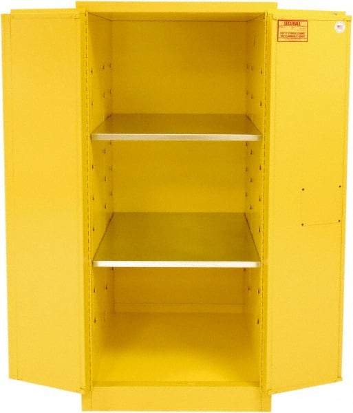 Securall Cabinets - 2 Door, 2 Shelf, Yellow Steel Standard Safety Cabinet for Flammable and Combustible Liquids - 65" High x 31" Wide x 31" Deep, Manual Closing Door, 3 Point Key Lock, 60 Gal Capacity - Eagle Tool & Supply