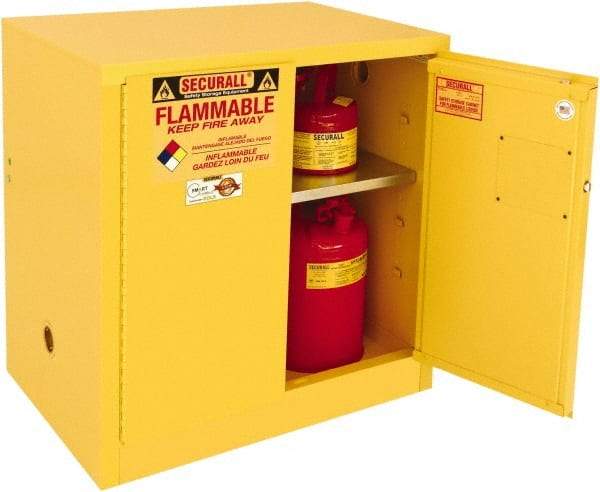 Securall Cabinets - 2 Door, 1 Shelf, Yellow Steel Standard Safety Cabinet for Flammable and Combustible Liquids - 35" High x 36" Wide x 24" Deep, Manual Closing Door, 3 Point Key Lock, 20 Gal Capacity - Eagle Tool & Supply