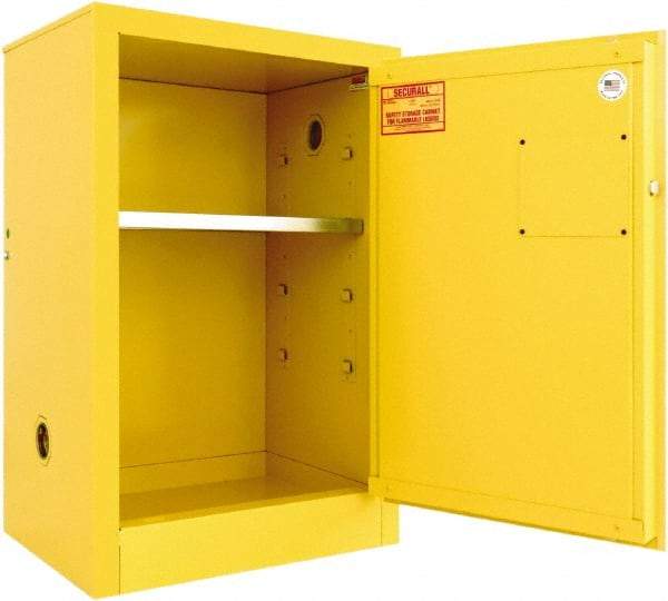 Securall Cabinets - 1 Door, 1 Shelf, Yellow Steel Standard Safety Cabinet for Flammable and Combustible Liquids - 35" High x 24" Wide x 18" Deep, Manual Closing Door, 3 Point Key Lock, 12 Gal Capacity - Eagle Tool & Supply