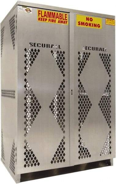 Securall Cabinets - 2 Door, 4 Shelf, Silver Aluminum Standard Safety Cabinet for Flammable and Combustible Liquids - 65" High x 60" Wide x 32" Deep, Manual Closing Door, Padlockable Hasp, 20 or 33 Lb Cylinder Capacity - Eagle Tool & Supply