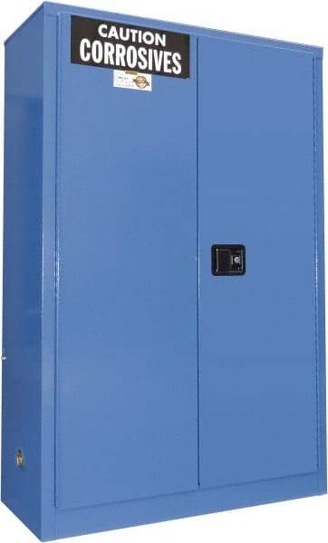 Securall Cabinets - 2 Door, 2 Shelf, Blue Steel Standard Safety Cabinet for Corrosive Chemicals - 65" High x 43" Wide x 18" Deep, Manual Closing Door, 3 Point Key Lock, 45 Gal Capacity - Eagle Tool & Supply