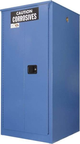 Securall Cabinets - 2 Door, 2 Shelf, Blue Steel Standard Safety Cabinet for Corrosive Chemicals - 65" High x 34" Wide x 34" Deep, Sliding Door, 3 Point Key Lock, 60 Gal Capacity - Eagle Tool & Supply