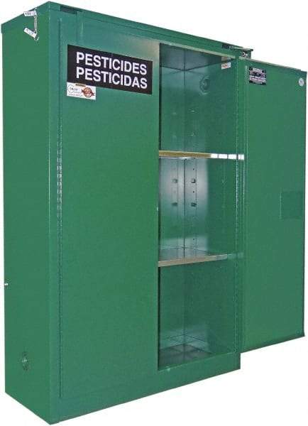 Securall Cabinets - 2 Door, 2 Shelf, Green Steel Standard Safety Cabinet for Flammable and Combustible Liquids - 67" High x 43" Wide x 18" Deep, Self Closing Door, 3 Point Key Lock, 45 Gal Capacity - Eagle Tool & Supply