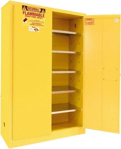 Securall Cabinets - 2 Door, 5 Shelf, Yellow Steel Standard Safety Cabinet for Flammable and Combustible Liquids - 65" High x 43" Wide x 18" Deep, Manual Closing Door, 3 Point Key Lock, 60 Gal Capacity - Eagle Tool & Supply