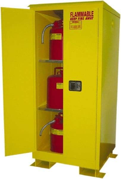 Securall Cabinets - 2 Door, 2 Shelf, Yellow Steel Standard Safety Cabinet for Flammable and Combustible Liquids - 69" High x 31" Wide x 31" Deep, Manual Closing Door, 3 Point Key Lock, 60 Gal Capacity - Eagle Tool & Supply