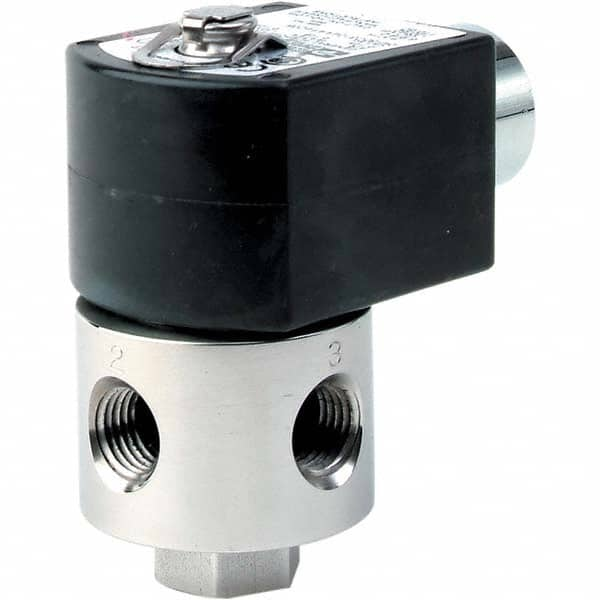 Parker - 120/60 - 110/50 VAC 1/4" NPT Port Stainless Steel Three-Way Direct Acting Solenoid Valve - Eagle Tool & Supply