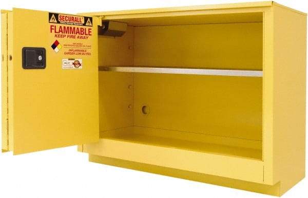 Securall Cabinets - 2 Door, 1 Shelf, Yellow Steel Under the Counter Safety Cabinet for Flammable and Combustible Liquids - 35-5/8" High x 59" Wide x 22" Deep, Sliding Door, 3 Point Key Lock, 44 Gal Capacity - Eagle Tool & Supply