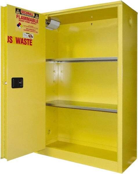 Securall Cabinets - 2 Door, 2 Shelf, Yellow Steel Standard Safety Cabinet for Flammable and Combustible Liquids - 65" High x 43" Wide x 18" Deep, Sliding Door, 3 Point Key Lock, 45 Gal Capacity - Eagle Tool & Supply