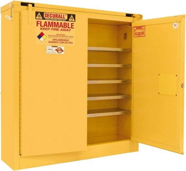 Securall Cabinets - 2 Door, 5 Shelf, Yellow Steel Wall Mount Safety Cabinet for Flammable and Combustible Liquids - 46" High x 43" Wide x 12" Deep, Self Closing Door, 3 Point Key Lock, 24 Gal Capacity - Eagle Tool & Supply