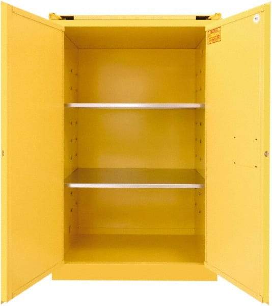 Securall Cabinets - 2 Door, 2 Shelf, Yellow Steel Standard Safety Cabinet for Flammable and Combustible Liquids - 67" High x 43" Wide x 31" Deep, Self Closing Door, 3 Point Key Lock, 90 Gal Capacity - Eagle Tool & Supply