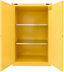 Securall Cabinets - 2 Door, 2 Shelf, Yellow Steel Standard Safety Cabinet for Flammable and Combustible Liquids - 67" High x 43" Wide x 31" Deep, Self Closing Door, 3 Point Key Lock, 90 Gal Capacity - Eagle Tool & Supply