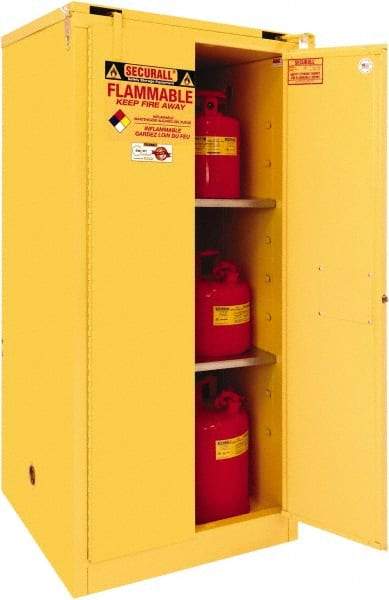 Securall Cabinets - 2 Door, 2 Shelf, Yellow Steel Standard Safety Cabinet for Flammable and Combustible Liquids - 67" High x 31" Wide x 31" Deep, Self Closing Door, 3 Point Key Lock, 60 Gal Capacity - Eagle Tool & Supply