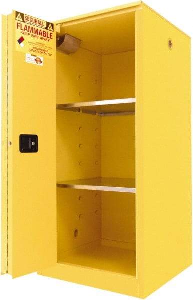 Securall Cabinets - 2 Door, 2 Shelf, Yellow Steel Standard Safety Cabinet for Flammable and Combustible Liquids - 65" High x 31" Wide x 31" Deep, Sliding Door, 3 Point Key Lock, 60 Gal Capacity - Eagle Tool & Supply