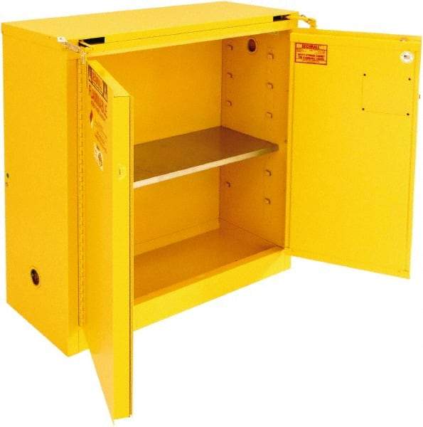 Securall Cabinets - 2 Door, 1 Shelf, Yellow Steel Standard Safety Cabinet for Flammable and Combustible Liquids - 46" High x 43" Wide x 18" Deep, Self Closing Door, 3 Point Key Lock, 30 Gal Capacity - Eagle Tool & Supply