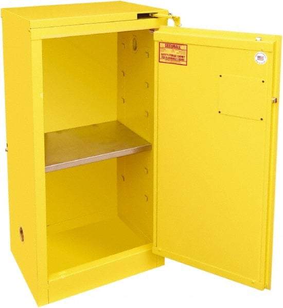 Securall Cabinets - 1 Door, 1 Shelf, Yellow Steel Standard Safety Cabinet for Flammable and Combustible Liquids - 46" High x 23-3/16" Wide x 18" Deep, Self Closing Door, 3 Point Key Lock, 16 Gal Capacity - Eagle Tool & Supply