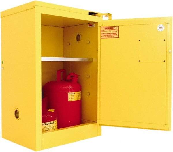 Securall Cabinets - 1 Door, 1 Shelf, Yellow Steel Standard Safety Cabinet for Flammable and Combustible Liquids - 37" High x 24" Wide x 18" Deep, Self Closing Door, 3 Point Key Lock, 12 Gal Capacity - Eagle Tool & Supply