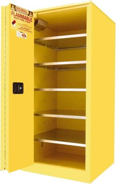 Securall Cabinets - 2 Door, 5 Shelf, Yellow Steel Standard Safety Cabinet for Flammable and Combustible Liquids - 65" High x 31" Wide x 31" Deep, Sliding Door, 3 Point Key Lock, 120 Gal Capacity - Eagle Tool & Supply