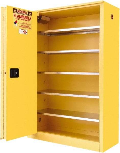 Securall Cabinets - 2 Door, 5 Shelf, Yellow Steel Standard Safety Cabinet for Flammable and Combustible Liquids - 65" High x 43" Wide x 18" Deep, Sliding Door, 3 Point Key Lock, 60 Gal Capacity - Eagle Tool & Supply