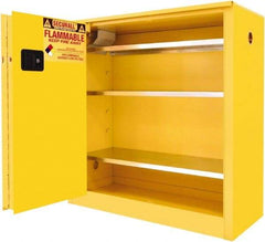 Securall Cabinets - 2 Door, 3 Shelf, Yellow Steel Standard Safety Cabinet for Flammable and Combustible Liquids - 44" High x 43" Wide x 18" Deep, Sliding Door, 3 Point Key Lock, 40 Gal Capacity - Eagle Tool & Supply