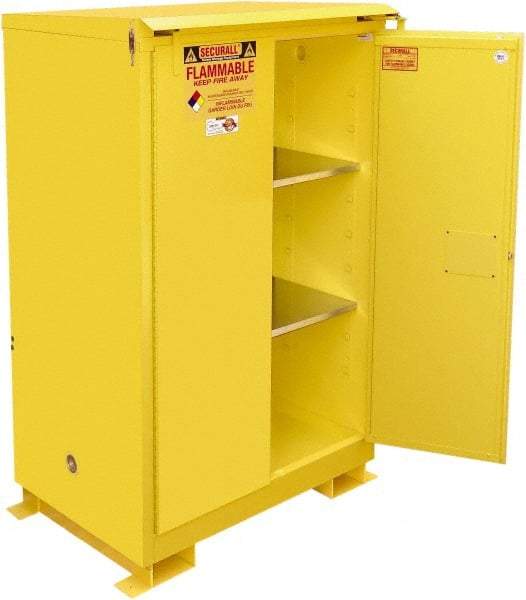 Securall Cabinets - 2 Door, 2 Shelf, Yellow Steel Standard Safety Cabinet for Flammable and Combustible Liquids - 71" High x 43" Wide x 31" Deep, Self Closing Door, 3 Point Key Lock, 90 Gal Capacity - Eagle Tool & Supply