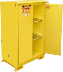 Securall Cabinets - 2 Door, 2 Shelf, Yellow Steel Standard Safety Cabinet for Flammable and Combustible Liquids - 71" High x 43" Wide x 31" Deep, Self Closing Door, 3 Point Key Lock, 90 Gal Capacity - Eagle Tool & Supply