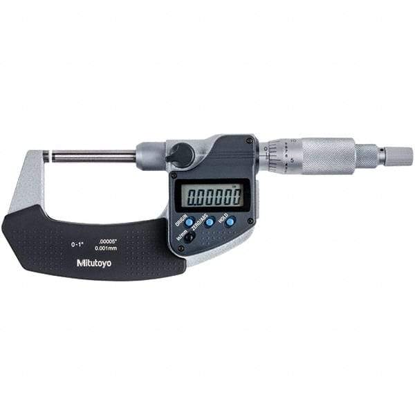 Mitutoyo - 0 to 1" Range, 0.00005" Resolution, Non-Rotating Throat Electronic Outside Micrometer - 0.00015" Accuracy, Ratchet Stop Thimble, Carbide-Tipped Face, SR44 Battery - Eagle Tool & Supply