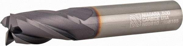 Niagara Cutter - 1/2", 1" LOC, 1/2" Shank Diam, 3" OAL, 4 Flute, Solid Carbide Square End Mill - Single End, TiAlN Finish, Spiral Flute, 30° Helix, Centercutting, Right Hand Cut, Right Hand Flute, Series C430 - Eagle Tool & Supply