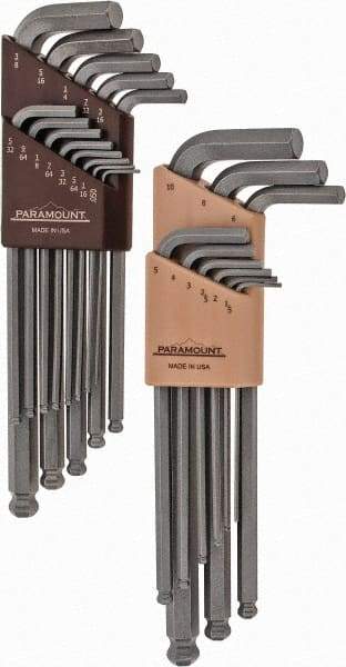 Paramount - 22 Piece L-Key Ball End Hex Key Set - Hex Range 0.05 to 3/8", 7-1/4" OAL, Steel - Eagle Tool & Supply
