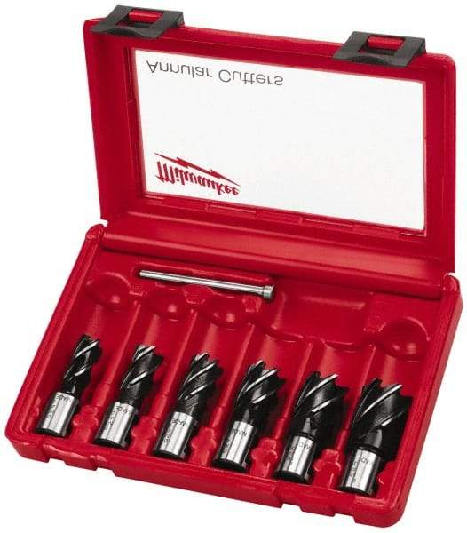 Milwaukee Tool - 6 Piece, 9/16 to 1-1/16" Cutter Diam, 1" Cutting Depth, Steel Annular Cutter Set - Bright Finish, 3/4" Shank Diam, 9/16, 5/8, 11/16, 13/16, 15/16, 1-1/16" Cutter Diams, 2 Flats on Shank - Eagle Tool & Supply