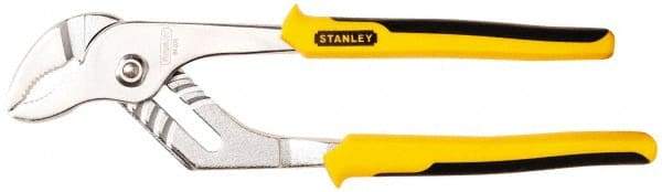 Stanley - 10-1/2" OAL, 1-1/4" Jaw Length, 7 Position Groove Joint Tongue & Groove Pliers - Serrated Curved Jaws, Curved Head, Dual Dipped Handles - Eagle Tool & Supply