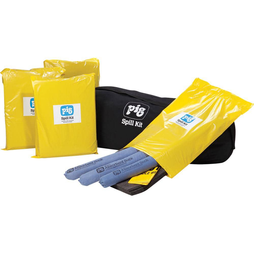 Spill Kits; Kit Type: Universal; Container Type: Bag; Absorption Capacity: 20.0 gal; Color: Black; Portable: Yes; Includes: 12 - Ext. Dia. 3 in x 48 in L Pig Blue Absorbent Sock 48 - 15 in W x 20 in L Pig Absorbent Mat Pad 8 - 18 in W x 30 in H Polyethyle