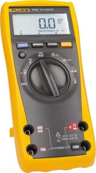 Fluke - 77-4, CAT IV, CAT III, 1,000 VAC/VDC, Digital Auto Ranging Average Responding Manual Ranging Multimeter - 50 mOhm, Measures Voltage, Capacitance, Current, Frequency, Resistance - Eagle Tool & Supply