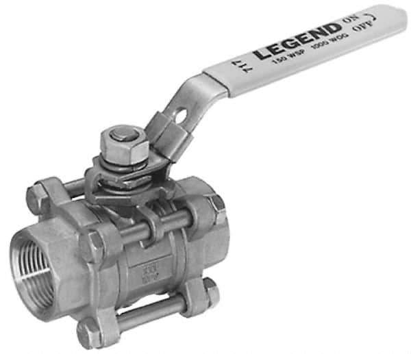 Legend Valve - 1/4" Pipe, Full Port, Stainless Steel Standard Ball Valve - 3 Piece, Inline - One Way Flow, FNPT x FNPT Ends, Locking Lever Handle, 1,000 WOG, 150 WSP - Eagle Tool & Supply