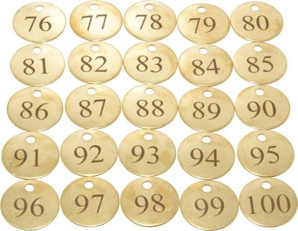 Value Collection - 1-1/4" High x 1-1/4" Long, 76 to 100, English Safety & Facility Numbered Tag - 1 Side, Brass - Eagle Tool & Supply