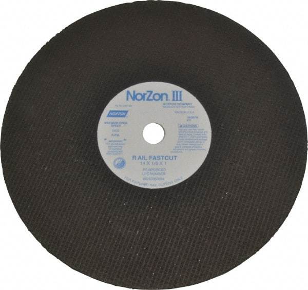 Norton - 14" 24 Grit Zirconia Alumina Cutoff Wheel - 1/8" Thick, 1" Arbor, 5,400 Max RPM, Use with Electric & Gas Powered Saws - Eagle Tool & Supply