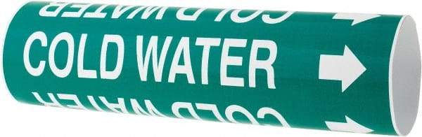 Made in USA - Pipe Marker with Cold Water Legend and Arrow Graphic - 2-1/2 to 3-1/4" Pipe Outside Diam, White on Green - Eagle Tool & Supply