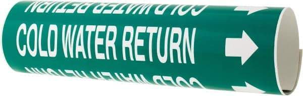 Made in USA - Pipe Marker with Cold Water Return Legend and Arrow Graphic - 2-1/2 to 3-1/4" Pipe Outside Diam, White on Green - Eagle Tool & Supply