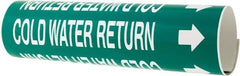 Made in USA - Pipe Marker with Cold Water Return Legend and Arrow Graphic - 2-1/2 to 3-1/4" Pipe Outside Diam, White on Green - Eagle Tool & Supply
