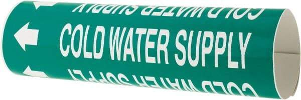 Made in USA - Pipe Marker with Cold Water Supply Legend and Arrow Graphic - 2-1/2 to 3-1/4" Pipe Outside Diam, White on Green - Eagle Tool & Supply