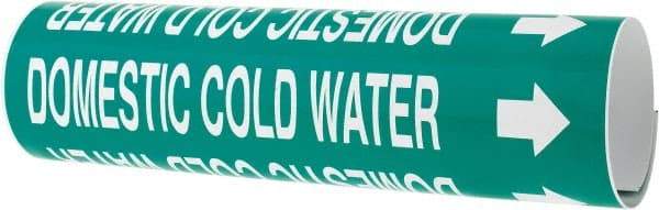Made in USA - Pipe Marker with Domestic Cold Water Legend and Arrow Graphic - 2-1/2 to 3-1/4" Pipe Outside Diam, White on Green - Eagle Tool & Supply