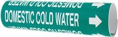 Made in USA - Pipe Marker with Domestic Cold Water Legend and Arrow Graphic - 2-1/2 to 3-1/4" Pipe Outside Diam, White on Green - Eagle Tool & Supply