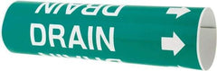 Made in USA - Pipe Marker with Drain Legend and Arrow Graphic - 2-1/2 to 3-1/4" Pipe Outside Diam, White on Green - Eagle Tool & Supply