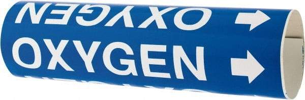 Made in USA - Pipe Marker with Oxygen Legend and Arrow Graphic - 2-1/2 to 3-1/4" Pipe Outside Diam, White on Blue - Eagle Tool & Supply