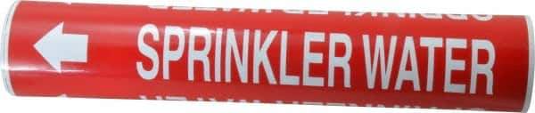 Made in USA - Pipe Marker with Water Sprinkler Legend and Arrow Graphic - 2-1/2 to 3-1/4" Pipe Outside Diam, White on Red - Eagle Tool & Supply