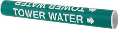 Made in USA - Pipe Marker with Tower Water Legend and Arrow Graphic - 2-1/2 to 3-1/4" Pipe Outside Diam, White on Green - Eagle Tool & Supply