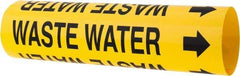 Made in USA - Pipe Marker with Waste Water Legend and Arrow Graphic - 2-1/2 to 3-1/4" Pipe Outside Diam, Black on Yellow - Eagle Tool & Supply